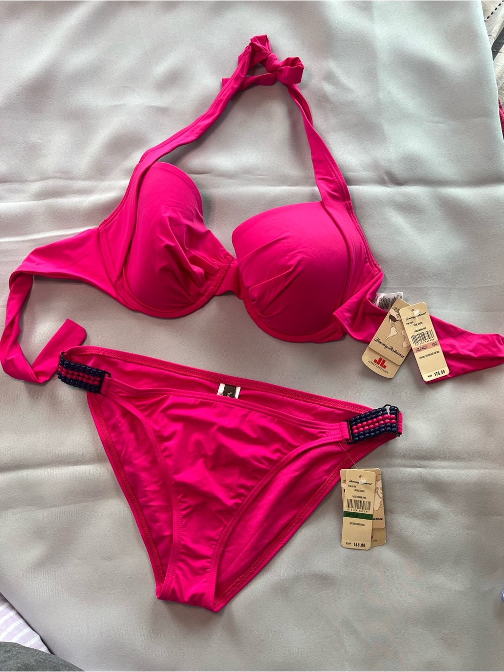 Tommy Bahama Hot Pink Halter Bikini w Navy Bead Accents, Top 38D, Bottom Large